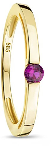 OROVI – Verlobungsring Damen aus 14k Gelbgold (585) mit kreiertem Solitär Rubin im Rundschliff (0.13 Ct) – Solitärring Edelstein zur Verlobung – Damenschmuck Hypoallergen & handgefertigt (Gr. 48)
