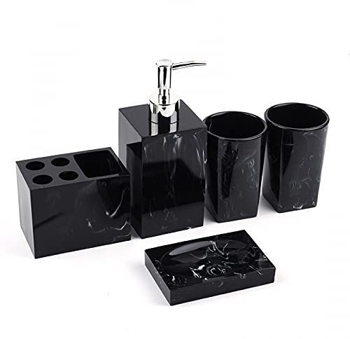 5 Piece Bathroom Accessories, Premium Resin Creative Bathroom Accessories Set Complete Hotel Quality Gift Set Luxury Bath Accessory with Toothbrush Cup/Soap Dispenser/Soap Dish (Ink black)