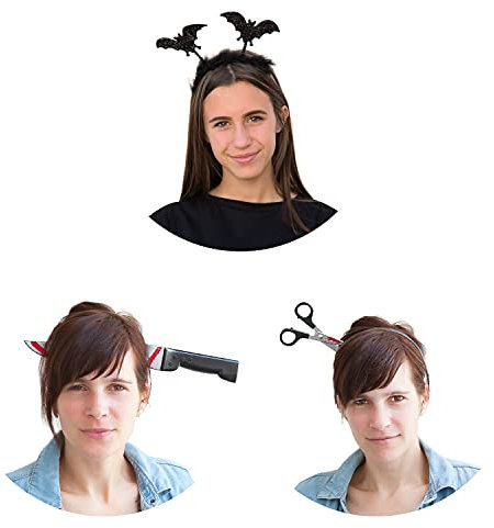 Oblique Unique® Halloween Kostüm Accessoire Set - Fledermaus Haarreif + Schere im Kopf Haarreif + Messer im Kopf Haarreif für Halloween Motto Party Haarreifen