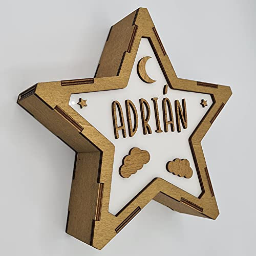 CUAC REVOLUTION Lámpara Estrella Madera Personalizada con Nombre. Luz LED Infantil Quitamiedos. Lámpara de Noche Infantil Decorativa. Niños y Bebes Regalo Original (Nubes)