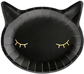 Lote de 12 Platos Decorativos de Cartón Gato Negro 22x20 cm. Vajilla y Complementos para Fiestas de Halloween, Cumpleaños, Bodas, Bautizos y Comuniones. AB