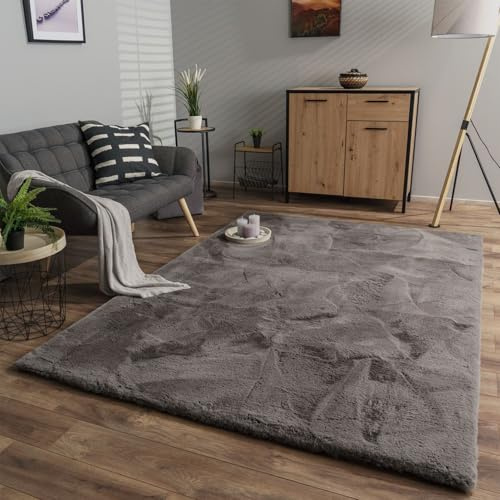 TT Home Wohnzimmer Hochflor Teppich Langflor Soft Kaninchenfell Fell Imitat Weich, Farbe: Anthrazit, Größe:60x100 cm