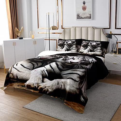 Weißes Tiger Tagesdecke 3D Tierdruck Gesteppt 220x240 für Kinder Jungen Mädchen Frauen Schlafzimmer Dekor,Grauschwarz Gestreifte Tagesdecke Weiche Mikrofaser Luxus Tagesdecke Quilt-Set,3 Stück