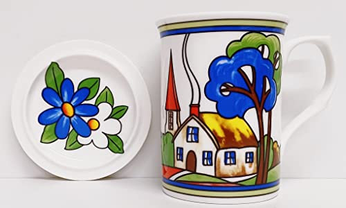 Art Deco Village Mug & Flower Coaster Exclusive Set Fine China 10.5 oz 300 ml Cup & 9.5 cm Lid Colourful Country Scene Hand Decorated UK