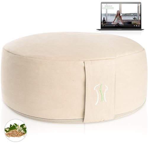 BACKLAXX ® Yoga Kissen, Meditationskissen XL 35cm [30% mehr Sitzfläche], 15cm hoch mit Buchweizenfüllung, perfektes Meditation Zubehör, Yogakissen rund inkl. Videokurs - Pouf Sitzkissen Boden