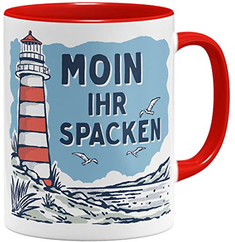 OM3® lustige Kaffee-Tasse mit Spruch - Moin Ihr Spacken - Slogan Leuchtturm Meer Küste - Keramik Becher - 11oz 325ml - Beidseitig Bedruckt - Rot