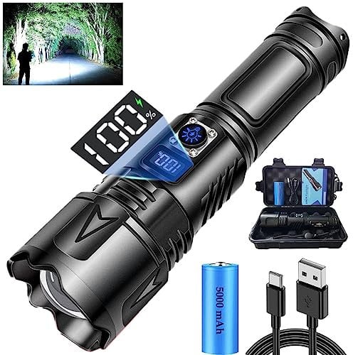 LEKIA Lampe Torche LED Ultra Puissante, 500000 Lumens USB-C Rechargeable Lampe de Poche avec Batterie 5000mAh, 5 Modes Zoombar IP65 Étanche Tactique Torches pour Camping D'urgence Randonnée