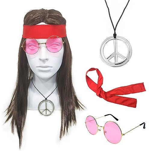 SKHAOVS 4PCS Hippie Kostüm Set 60er 70er 80er Jahre Herren Hippie Perücke Rock Perücke Disco Kostüm Braun Lange Gerade Perücke Sonnenbrille Bandana Halskette Perücke Kostüm Zubehör für Party Karneval