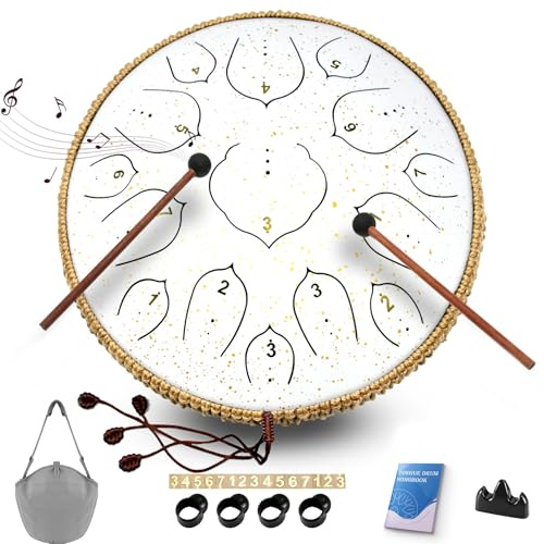 Steel Tongue Drum - 14 Zoll Tongue Drum Instrument - 15 Noten Hand Pan Drums mit Notenbuch, Handpan Drums Instrument Schlägel und Tragetasche, D-Dur Weiß