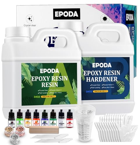 EPODA Epoxidharz Set, 64oz/1.9l Epoxy Resin, Epoxidharz Set Anfänger - Bonus Messbecher, HolzstäBchen, Handschuhe und Tropfpipette