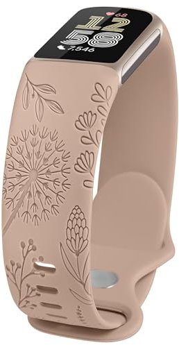 TOYOUTHS Löwenzahn Floral Gravierte Armband Kompatibel mit Fitbit Charge 6/Charge 5 Armband Damen, Frauen Blume Fancy Cute Weich Silikon Sport Solo Loop Armbänder für Charge 6, Milchtee