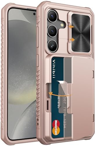 Vihibii pour Samsung Galaxy S24 Coque avec Porte-Carte & Cache Caméra & Kickstand, Protection d'écran Antirayures Militaire Antichoc Étui Portefeuille Case pour Samsung Galaxy S24 6,2'', Or Rose