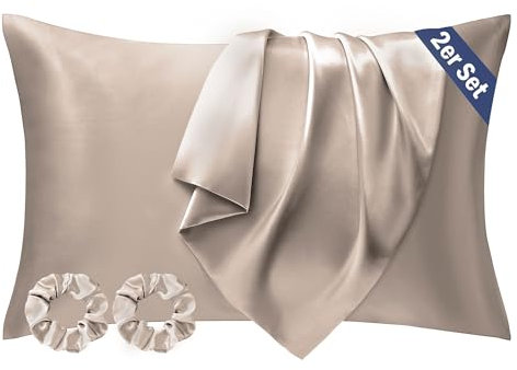 Seiwohl Satin Kissenbezug 40x70 2er Set, Weich wie Seidenkissenbezug Silk Pillowcase, Vegane Seide Kopfkissenbezug Kissenhülle Seidenkopfkissen für Haar und Haut mit 2 Haargummis, Taupe