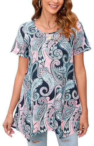Enmain Tunique Femme à Manches Courtes Tuniques Longue Grande Taille Chic et Élégant Chemisier Haut Ample Paisley T-Shirt Blouse Bleu & Rose Été M