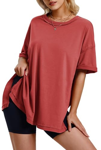 EXLURA Womens Summer Oversized T Shirts 2026 Casual Short Sleeve Loose Maternity Tops Crewneck Tunic Plus Gym Workout Top Brick Red
