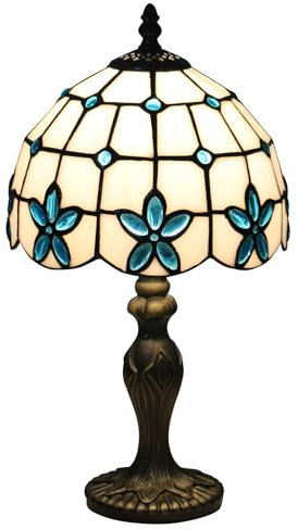 FUMAT Tiffany Tischlampe, Retro Lampe, Kleine Vintage Nachttischlampe, Deko Tischleuchte, Blau Blumen Muster, Handcraft Bunte Glas Lampenschirm, Mit E27 LED Glühbirne, für Schlafzimmer Wohnzimmer Büro