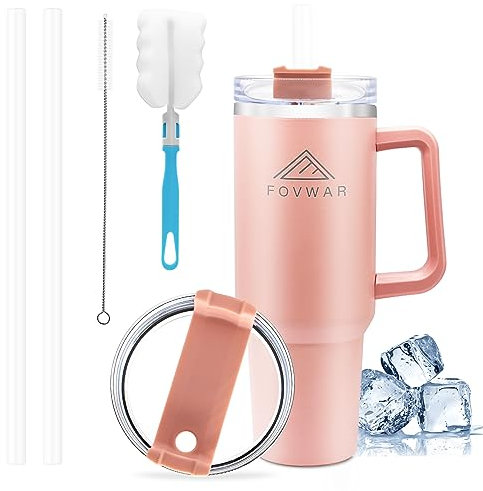 Weigulo Car Coffee Mug 40oz with Handle Insulated Travel Mug with Straw Reusable Stainless Steel Double Wall Travel Bottle Car Coffee Mug for Hot Iced Coffee (Pink)