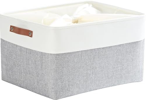 Mangata Aufbewahrungskorb Stoff, Aufbewahrungsbox groß Schrank, Korb aufbewahrung Stoff mit Leder-Tragegriff für Spielzeug, kleiderschrank, Regale, Kleidung(XXL, Grau Weiß)