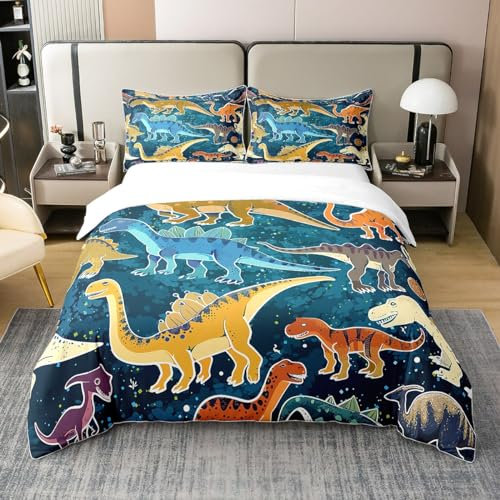 100% Baumwolle Jungen Bunte Dinosaurier Bettbezug 220x240,Cartoon Dino Tröster Abdeckung,Galaxy Outer Space Bettwäsche Set,Alte Dschungel Tier Bettwäsche Abdeckung,Blau Gelbe Schlafzimmer Dekor