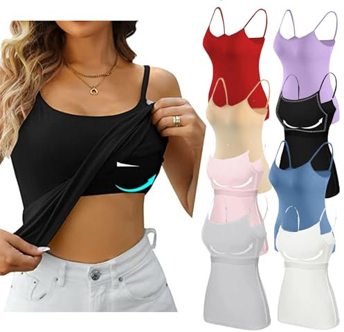 Generisch Damen Unterhemd BH-Hemd Basic U-Ausschnitt Eingebauter BH Bügelloser Gepolstert Verstellbare Spaghettiträger Tank Tops mit Integriertem Bh Ohne Bügel Einfarbig Bequeme Hemd Fitting Yoga BH