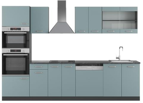 Vicco Mueble de Cocina R-Line, Gris Azulado/Antracita, 300 cm con Armario Alto, ET Roble