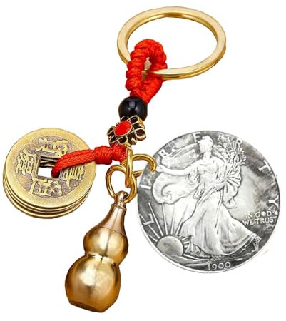 Porte-clés de luxe porte-bonheur avec pièces de monnaie d'un dollar antique / sac à main ou décoration de voiture à suspendre pour réussir la richesse / sable de bénédiction, 1900, taille unique