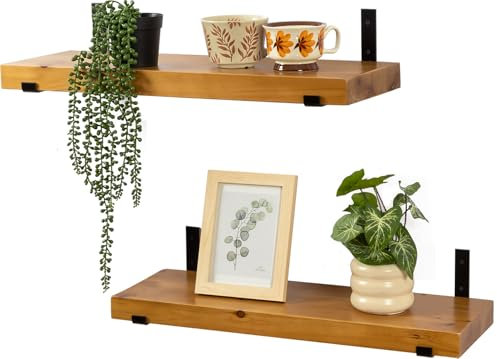 Gieanoo Floating Shelves, Set of 2 Rustic Wooden Wall Shelves, Solid Wood Timber Book Shelves Wall-Mounted Shelving for wall with Seated Black L Brackets,Ideal for Bedroom,Bathroom,pantry 60cm