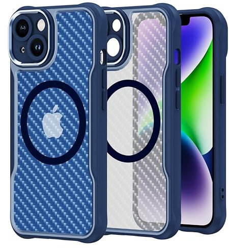 Teayoha for iPhone 13 Case,[Compatible with Magsafe] [Enhanced Camera Protection] Magnetic Slim Thin Translucent Carbon Fibre Texture Shockproof Protective Case Cover for iPhone 13, Blue