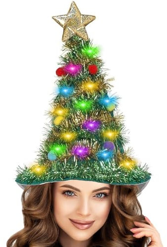 BUOAZR Weihnachtsbaum Hut, Weihnachtsmütze mit Lametta-Motiv, Weihnachtsbaumhut mit Licht, Weihnachtsbaummütze für Erwachsene, Weihnachtsfeier Witch Hut Urlaub Dekoration Kopfbedeckung, Unisex
