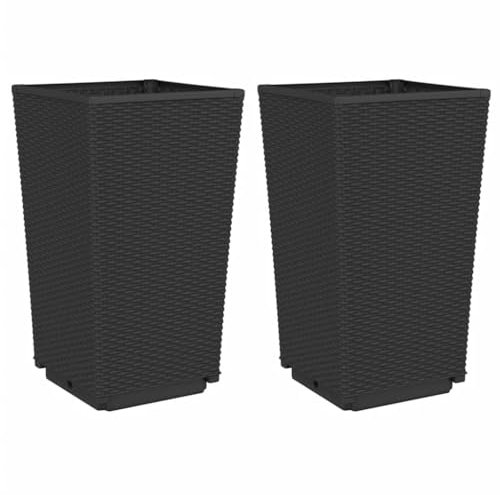 2er Set Pflanzkübel in Rattan-Optik, Moderner Blumentopf Blumenkübel Blumenkasten Hochbeet Pflanzkasten für Haus und Garten, Schwarz 32,5x32,5x57 cm PP