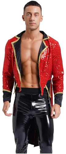 FEESHOW Herren Kostüm Zirkus Zirkusdirektor Jacke Langarm Pailletten Blazer Ringmaster Kostüm Mantel Halloween Karneval Faschingskostüm Party