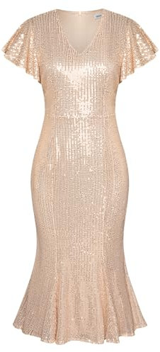 GRACE KARIN Glitzer Cocktailkleid Damen Midi Elegant Wickelkleid Damen V-Ausschnitt Gold Rüschen Kleid Elegant XL Champagner-Gold-4