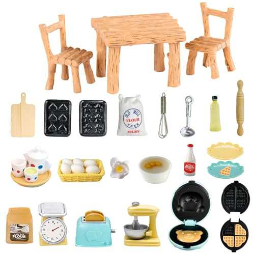 Golgner 31 Pcs Puppenhaus Zubehör, Miniatur Wichtel Zubehör, Wichtel Zubehör Backen, 1/12 Miniatur Lebensmittel, Eier, Backset, Teetassen-Set, Milch, für Wichteltür Weihnachten Deko Puppenhaus