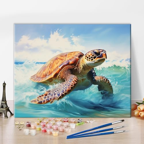 TISHIRON Farbe nach Zahlen Kit für Erwachsene Anfänger Meeresschildkröte Zahl Malerei Kits mit 3 Pinseln, Acryl Malerei von Zahlen Kits auf Leinwand ohne Rahmen 40x50cm Schildkröten laufen im Meer