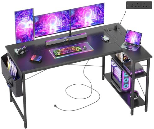 BEXEVUE Small L Shaped Desk with Power Outlets - 140x70cm Corner Computer Desk Writing Table, Reversible Large Storage Shelves, Bookshelf Workstation for Study Play Work Bedroom Home Office Black