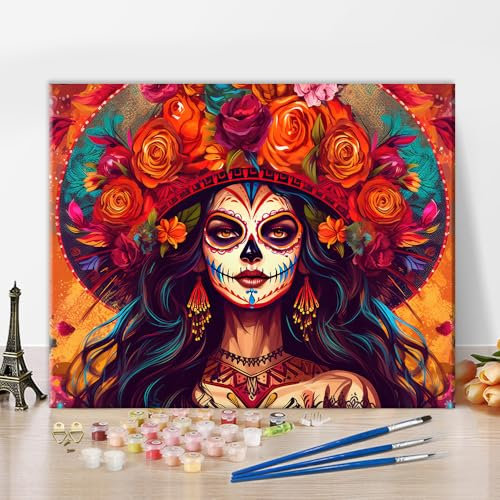 Mexikanische Mädchen Portrait Farbe nach Zahlen für Erwachsene Anfänger Tag der Toten Make-up DIY Farbe nach Zahl Kits mit Pinseln Tote Maske Ölgemälde Paint Kits Kunsthandwerk für Zuhause 16x20