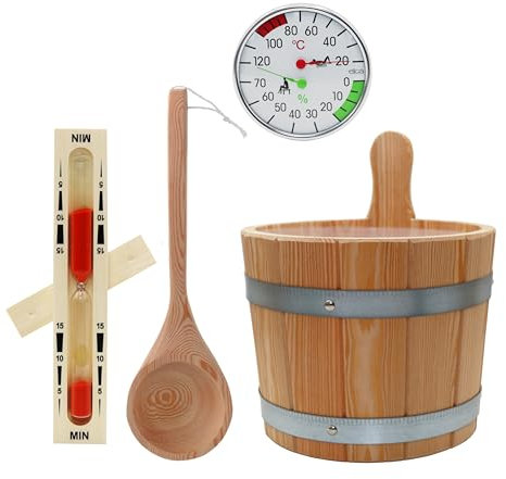 HAF® Saunakübel Set Lärche 5 Liter mit Einsatz, 40cm Saunakelle Kiefernholz, Sanduhr und Klimamesser | Feuchtigkeitsresistenter Aufgusseimer | Hochwertiges Sauna Zubehör | Qualität: Made in Germany