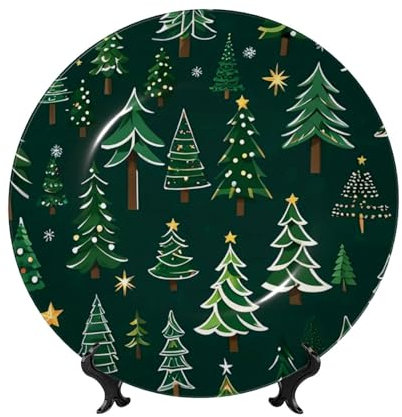 Gjgdbxdw Dekorativer Keramikteller mit grünem Weihnachtsbaum-Druck, Porzellan-Teller, Dekorationen mit vertikalem Ständer, für Zuhause, Büro, Regal, Wanddekoration, 17,8 cm