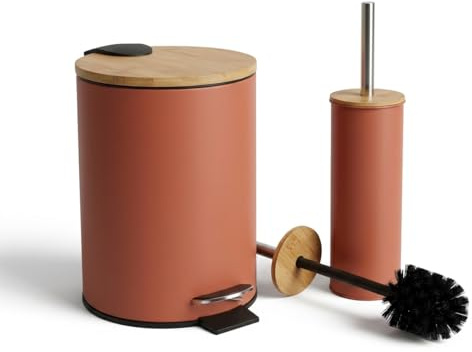 LiKeKa® Badaccessoire-Set 2-teilig – Toilettenbürste & Kosmetikeimer mit Absenkautomatik für Bad & Gäste – Mattes Design & Bambusdeckel – Soft-Close-Technologie (Terracotta)