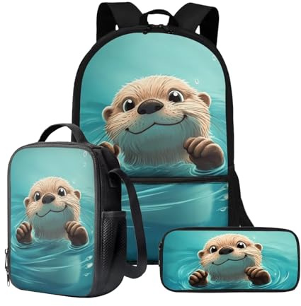 Wnbucioht 3-in-1-Rucksack für Kinder, Jungen, Schultaschen-Set mit isolierten Lunch-Taschen, Stifthalter, Schultaschen-Sets, Ocean Cute Blue Otter, Einheitsgröße, Schulranzen-Set