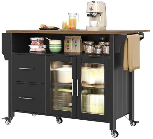 ChouTangYu Mobiler Küchenwagen mit Glasvitrine, LED-Beleuchtung, 139 cm Breite, Schubladen, Verstellbare Einlegeböden, Seitlicher Handtuchhalter mit Rollen, Buffetschrank, Schwarz