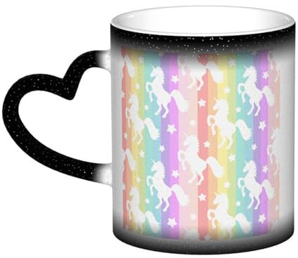 HYSDPUZK Unicorns On Colorful Stripes Color Changing Mug in The Sky - Full-Print Ceramic Mug with Heat-Sensitive Technology, Black to White Transformation