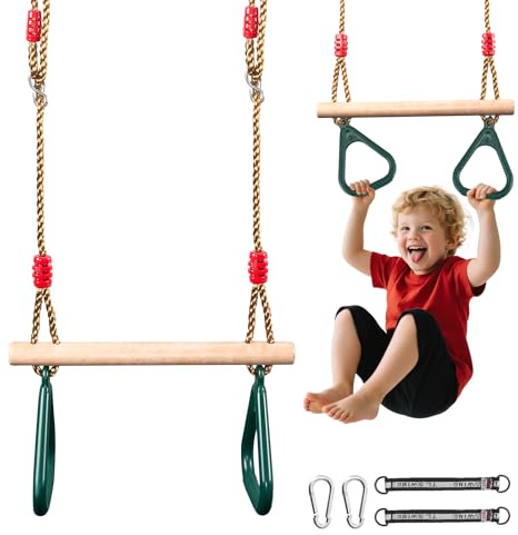 Zwei-in-Eins-Luftschaukel, Kinder-Outdoor-Holzschaukel mit Turnringen, Plattform, belastbar bis 150 kg, geeignet für Kinder ab 3 Jahren, Outdoor-Gartenschaukel
