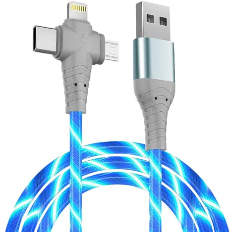 3 in 1 LED Light Up Charging Cable,2m Multi USB Charger Cord Flowing LED Fast Charging Cable with Type C Micro USB and Lightning Connectors Compatible with iPhone Samsung Huawei Android Devices Blue