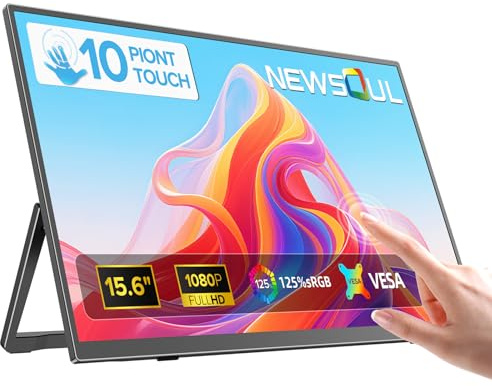 Newsoul Monitor Portatile Touchscreen 15,6 Pollici, Schermo Portatile 1080P IPS, 125% sRGB, 1500:1, 10-Punti Monitor Touchscreen con VESA, Mini HDMI, USB-C per Laptop/PCs/Game Consoles/Telefono