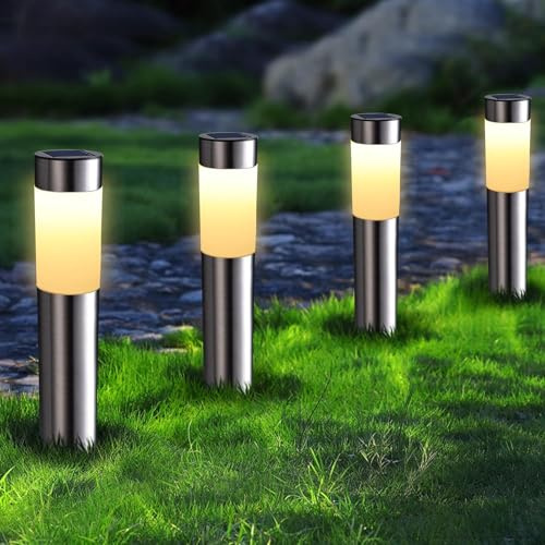 Joomer Solarlampen für Außen 4 Stück Gartenleuchten Solar Warmweiß | Edelstahl LED Solarleuchten Garten Außen Wetterfest Wegeleuchte Zylindrisch Auto Ein/Aus für Patio Rasen Terrasse Fahrstraßen