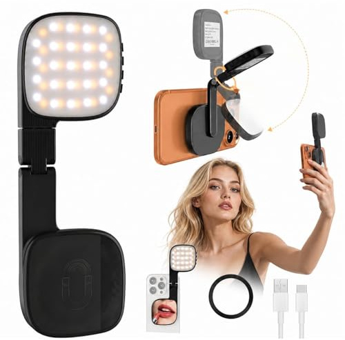 Lumière Selfie Magnétique Rechargeable avec 48 LED, Batterie 1000mAh, 10 Niveaux de Luminosité 3000K–6500K, Lampe à Clipser pour Smartphone, Vlog, TikTok, Visioconférence et Maquillage, Noir