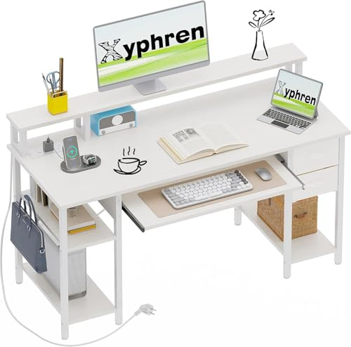 Xyphren Bureau Gaming avec Tablette pour Clavier, Petit Bureau d'ordinateur avec Prise électrique, 2 tiroirs et étagères réversibles pour Le Bureau à Domicile, 120x50cm, Blanc