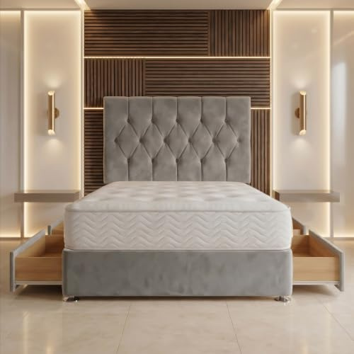 Bed Centre Ziggy Plush King Storage Divan Bed Set with 24 cm Ortho Sprung Mattress, Headboard, 4 Drawers, Silver