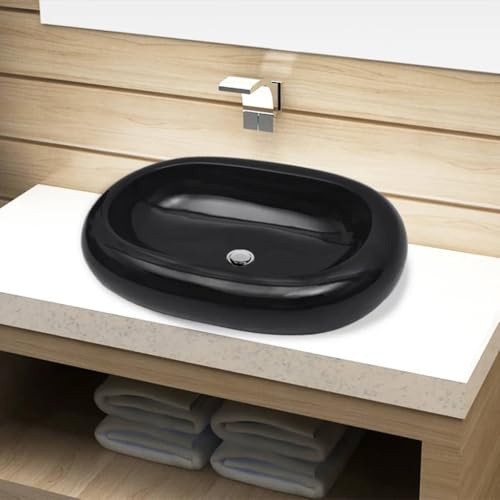 Runheo Vasque ovale en céramique noire pour salle de bain lavabo encastrable ou posé, évier moderne avec trou de 4,5 cm, idéal pour meuble, WC ou douche, design élégant et facile à nettoyer